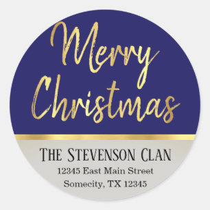 Merry Christmas   Custom Blue and Gold   Address Classic Round Sticker