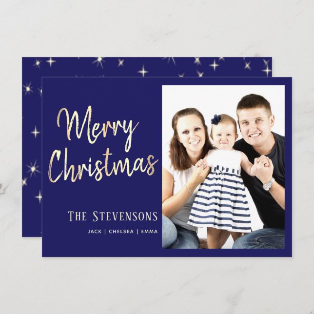 Merry Christmas | Custom Blue Gold | Holiday Photo Invitation (Front/Back)