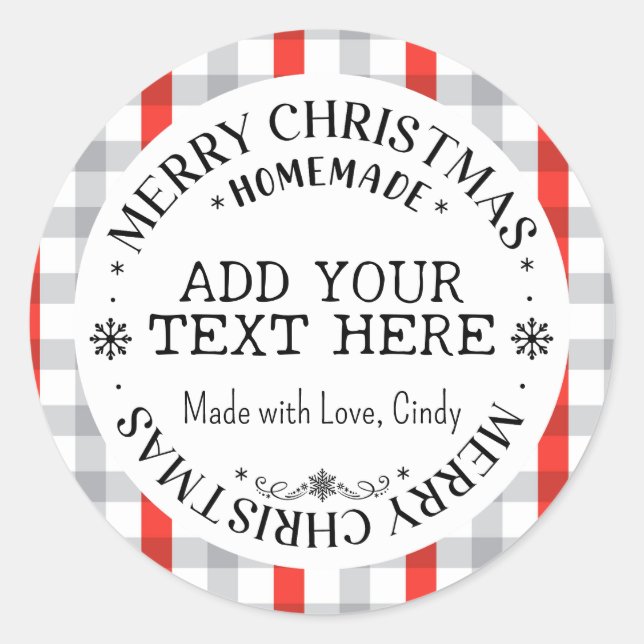 Merry Christmas Custom Buffalo Plaid Homemade   Classic Round Sticker (Front)