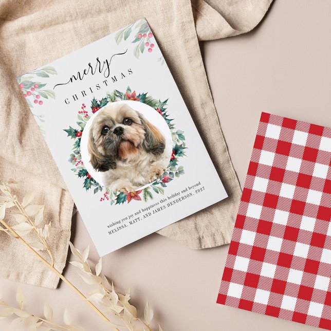 Merry Christmas Custom Dog Photo Botanical Card (Elegant Pet Photo Gingham Plaid Christmas Greetings Card)