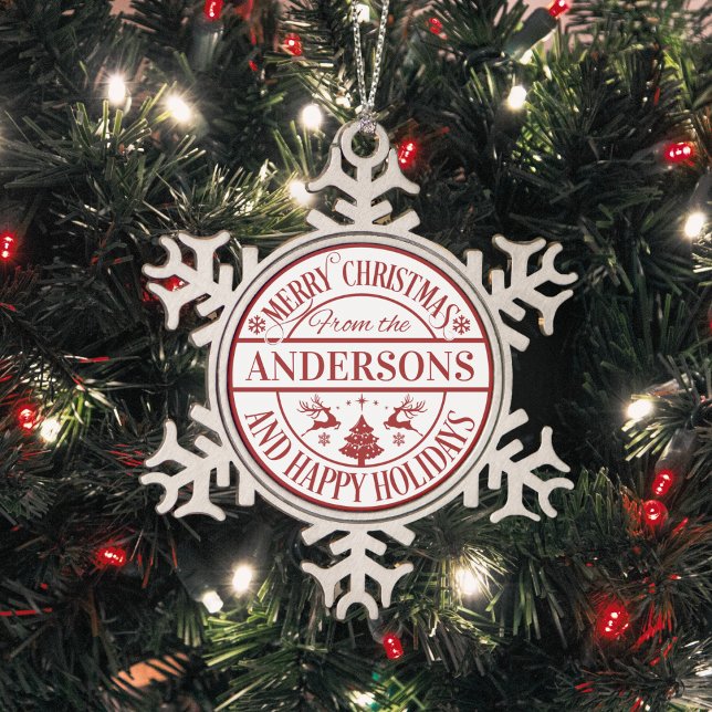 Merry Christmas Custom Family Name Traditional Snowflake Pewter Christmas Ornament (Merry Christmas Family Name Traditional Snowflake Pewter Christmas Ornament - Just add your name!)