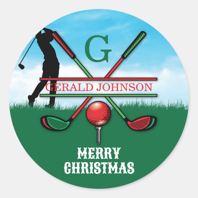 Merry Christmas Custom Golf Holiday Design Classic Round Sticker (Front)