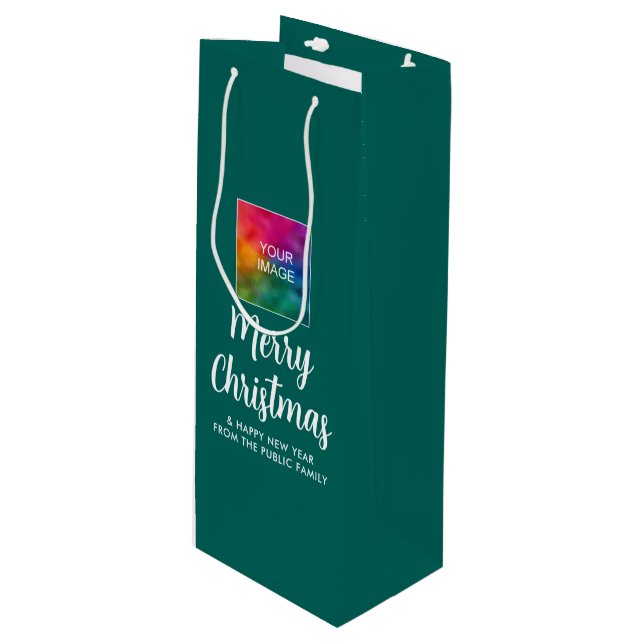 Merry Christmas Custom Image Photo Logo Text Wine Gift Bag (Front Angled)