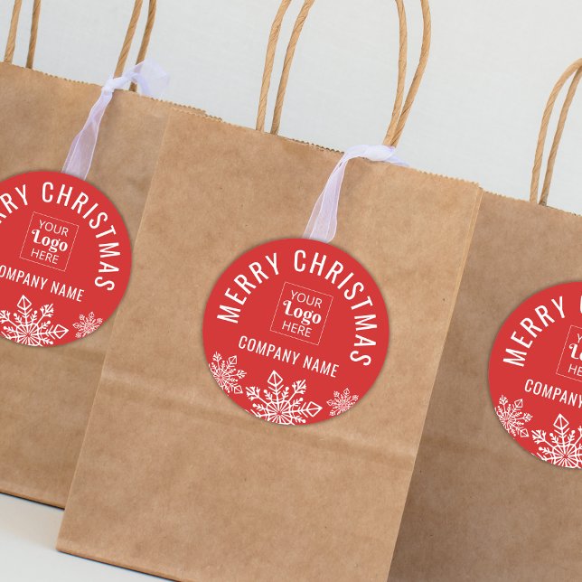 Merry Christmas Custom Logo Company Name Red Classic Round Sticker (Creator Uploaded)