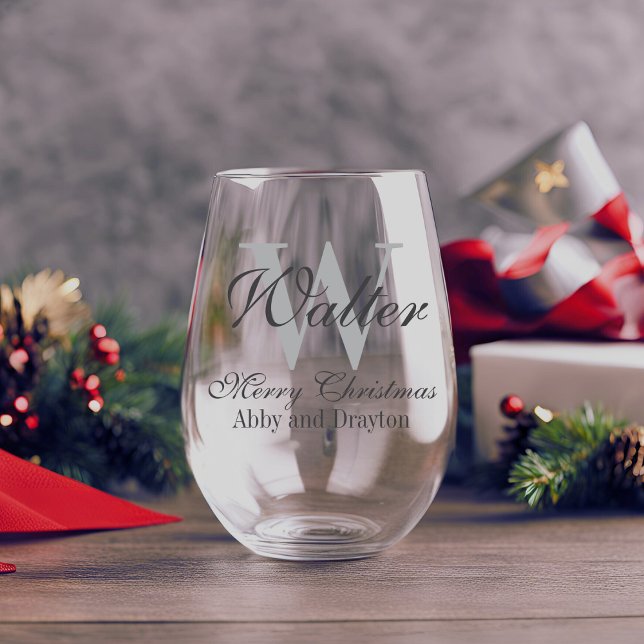 Merry Christmas Custom Monogram Stemless Wine Glass (Merry Christmas Custom Monogram Stemless Wine Glass)