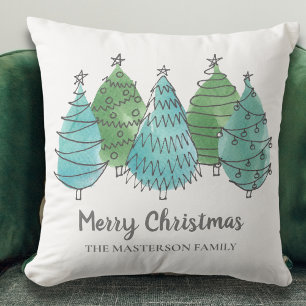 Merry Christmas Custom Name Christmas Trees Green Cushion