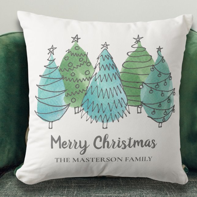 Merry Christmas Custom Name Christmas Trees Green Cushion (Creator Uploaded)