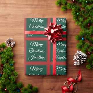 Merry Christmas Custom Name Classic Red and Green Wrapping Paper