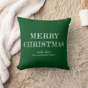 Merry Christmas Custom Name Modern Simple Green Cushion
