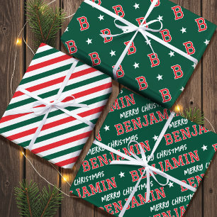 Merry Christmas Custom Name Monogram Green Red Wrapping Paper Sheet