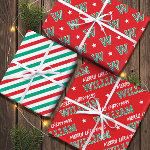 Merry Christmas Custom Name Monogram Red Green Wrapping Paper Sheet