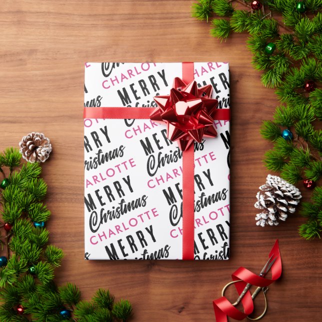 Merry Christmas Custom Name Pink Trendy Wrapping Paper (Holiday Gift)