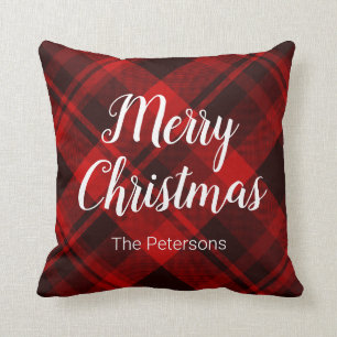 Merry Christmas Custom Name Red Black Plaid Cushion