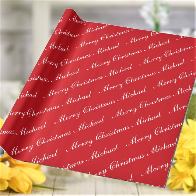 Merry Christmas Custom Name Red Chic Personalised Wrapping Paper (Creator Uploaded)