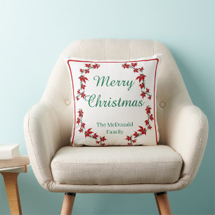 Merry Christmas custom name red floral Cushion