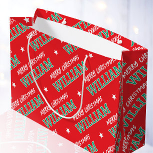 Merry Christmas Custom Name Red Green Large Gift Bag
