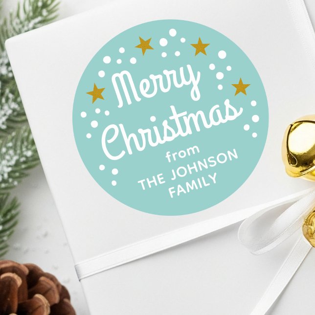 Merry Christmas Custom Name Simple Mint Blue-Green Classic Round Sticker (Creator Uploaded)