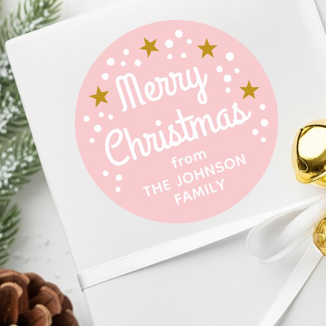 Merry Christmas Custom Name Simple Pink Classic Round Sticker (Creator Uploaded)