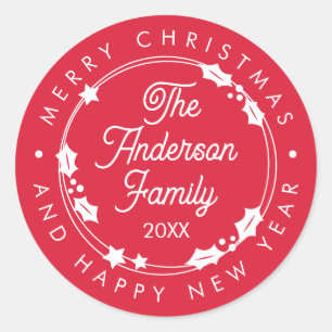 Merry Christmas Custom Name Year Script Wreath Classic Round Sticker