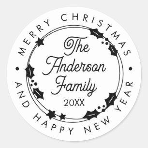 Merry Christmas Custom Name Year Script Wreath Classic Round Sticker