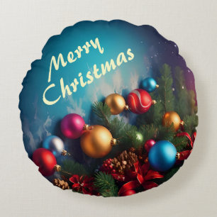 Merry Christmas Custom Personalize Text Round Cushion