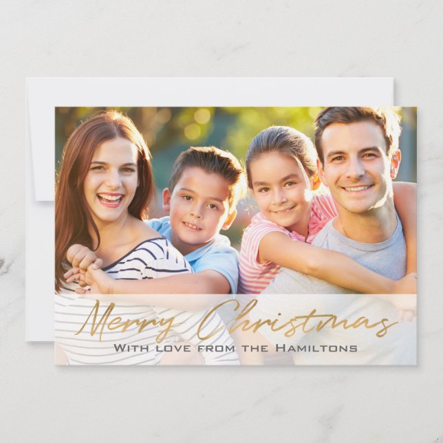 Merry Christmas Custom Photo 2-sided Gold Script Holiday Card (Front)