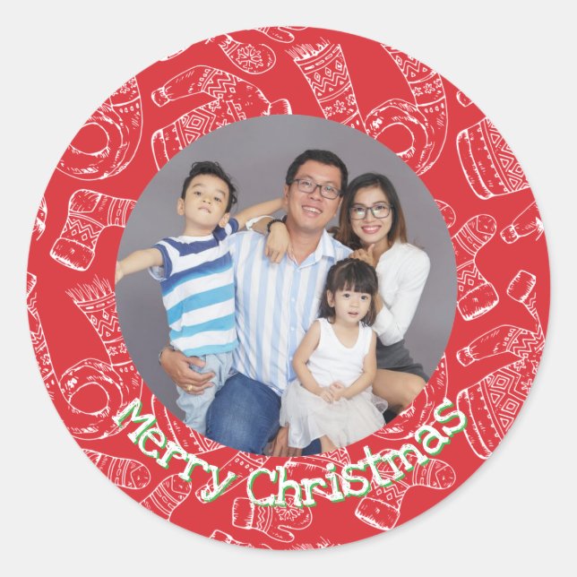 Merry Christmas Custom Photo and Text Holiday   Classic Round Sticker (Front)
