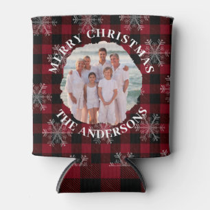Merry Christmas Custom Photo Black Red Plaid Can Cooler