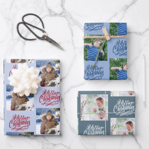 Merry Christmas Custom Photo Blue Set of 3 Wrapping Paper Sheet