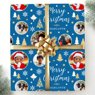 Merry Christmas Custom Photo Festive Trees Blue Wrapping Paper