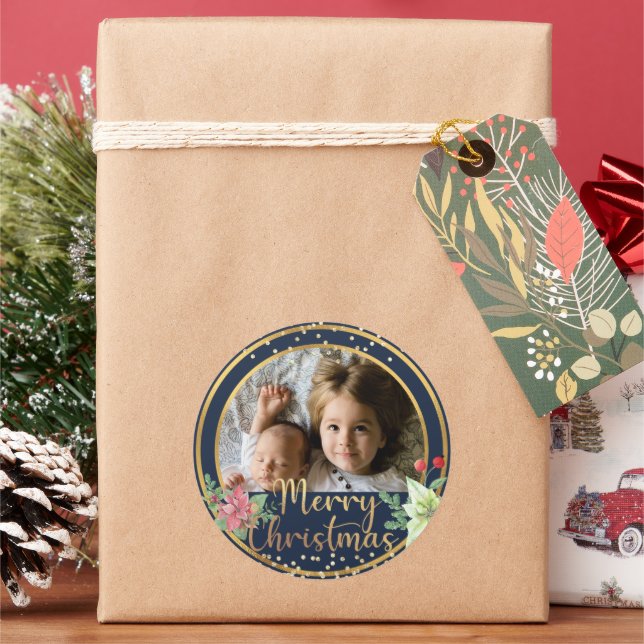 Merry Christmas Custom Photo on Blue & Gold Classic Round Sticker (Holiday)