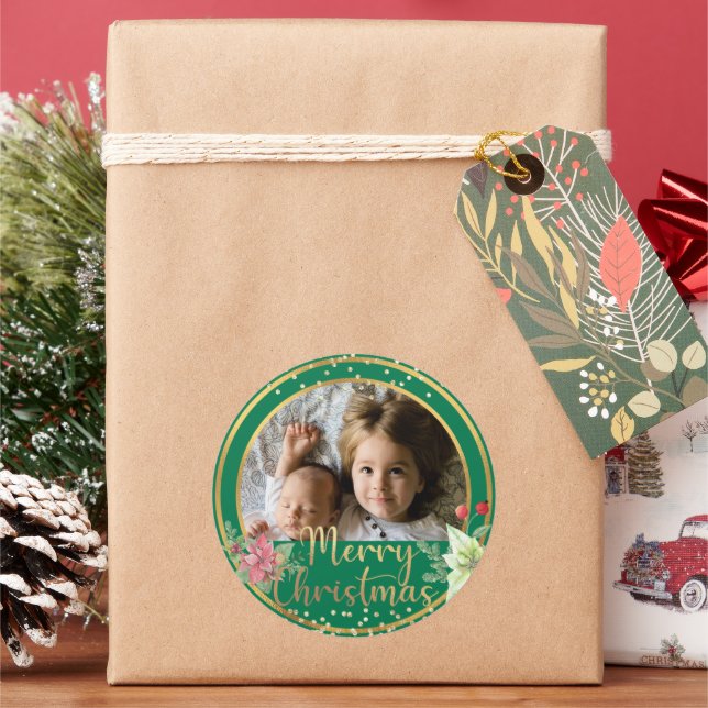 Merry Christmas Custom Photo on Green & Gold Classic Round Sticker (Holiday)