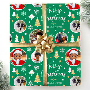 Merry Christmas Custom Photo Pine Green Wrapping Paper