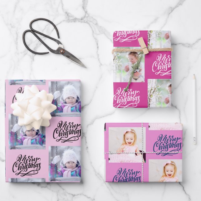 Merry Christmas Custom Photo Pink Set of 3 Wrapping Paper Sheet (Front)