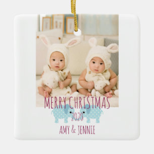 Merry Christmas Custom Photo Twins Ceramic Ornament