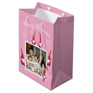Merry Christmas Custom Photo with Funny Gnomes Medium Gift Bag