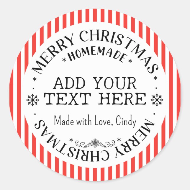 Merry Christmas Custom Red Stripes Homemade   Classic Round Sticker (Front)