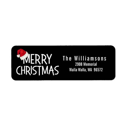 Merry Christmas Custom Santa Hat on Black Return Address Label