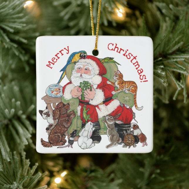 Merry Christmas Custom Santa & Pets Cute Animal Ceramic Ornament (Tree)