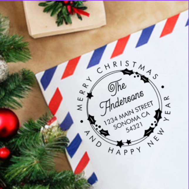 Merry Christmas Custom Script Address Wreath Rubber Stamp (Creator Uploaded)