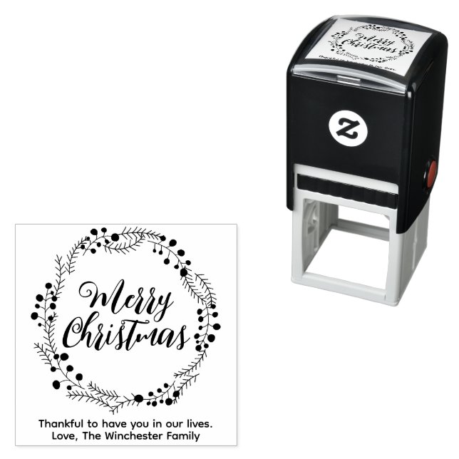Merry Christmas custom script rustic wreath cute Self-inking Stamp (In Situ)