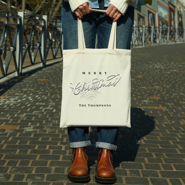 Merry Christmas Custom Silver Snowflake Tote Bag (Silver snowflake simple holiday tote bag)