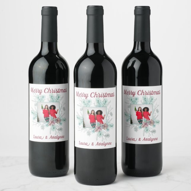 Merry Christmas Custom Text and Photo Wine Label (Bottles)