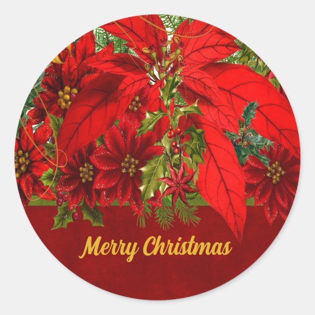 Merry Christmas Custom Text and Poinsettia Classic Round Sticker (Front)
