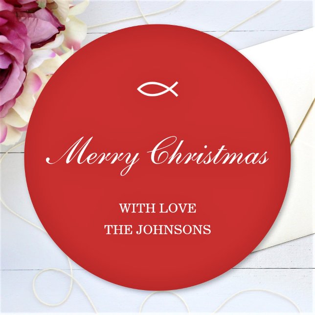 Merry Christmas Custom Text Family Name Red Classic Round Sticker (Creator Uploaded)