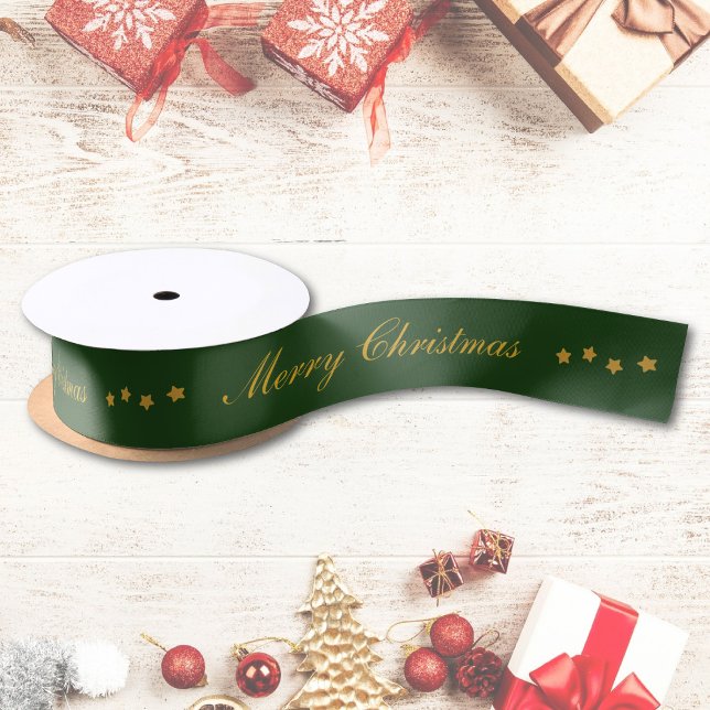 Merry Christmas Custom Text Green Chic Satin Ribbon (Creator Uploaded)