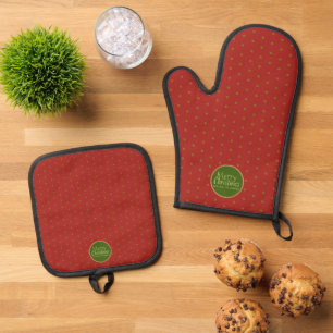 Merry Christmas Custom Text Red Oven Mitt & Pot Holder Set