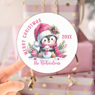 Merry Christmas Custom White and Pink Cute Penguin Classic Round Sticker