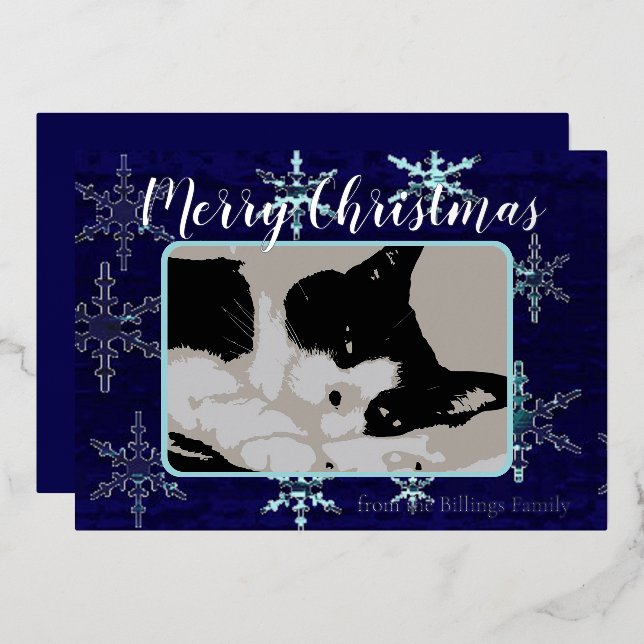 Merry Christmas Customable Snowflake Blue Design Foil Holiday Card (Front/Back)