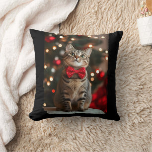 Merry Christmas Cut Cat with Christmas Tree Lights Cushion